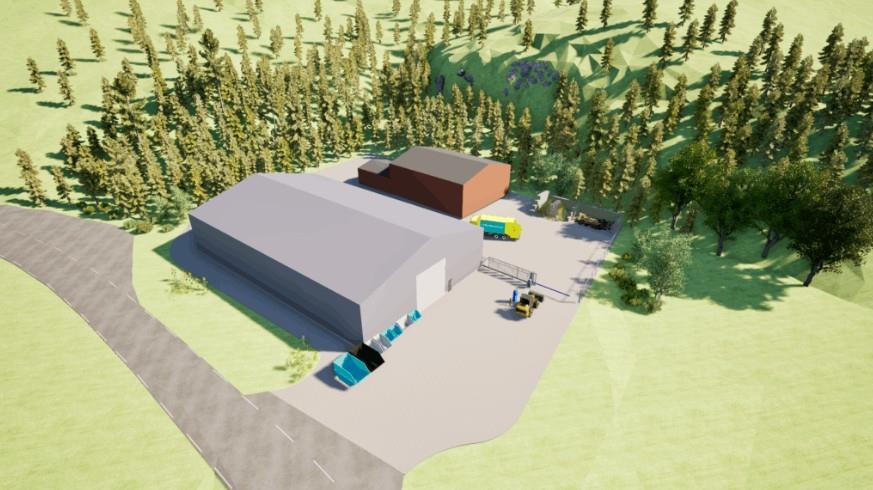 en oversikt over gjenvinningsstasjonen på Reppklei, illustrert med bygninger og område. - Klikk for stort bilde